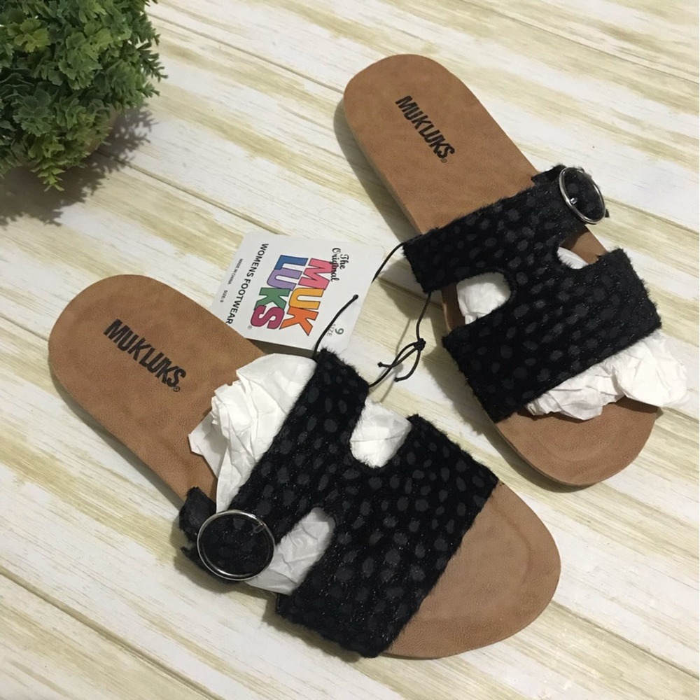 Muk Luks‎ NWT Black Velvet Leopard Cheetah Animal Print Sandals Slides Size 9
